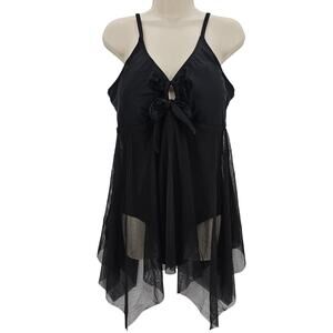 Zando Womans size 2XL V-Neck Keyhole Mesh Asymmetric Skirt Swimdress Black NWOT